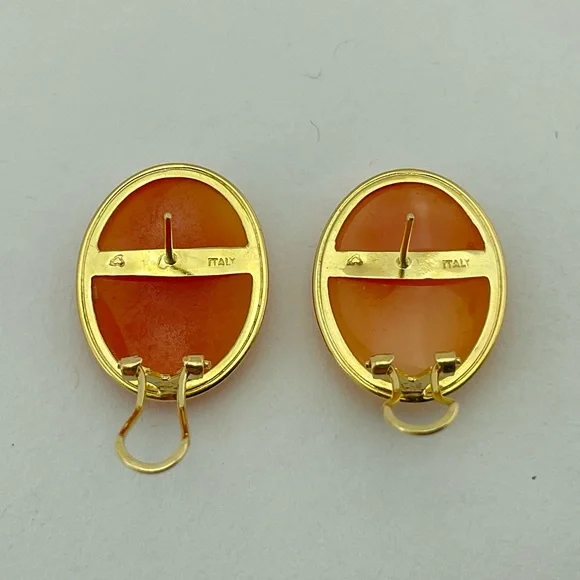 Genuine Cameo & 14K Gold Earrings, Marked 14K 585 and Italy, Hand Carved - Picture 3 of 12